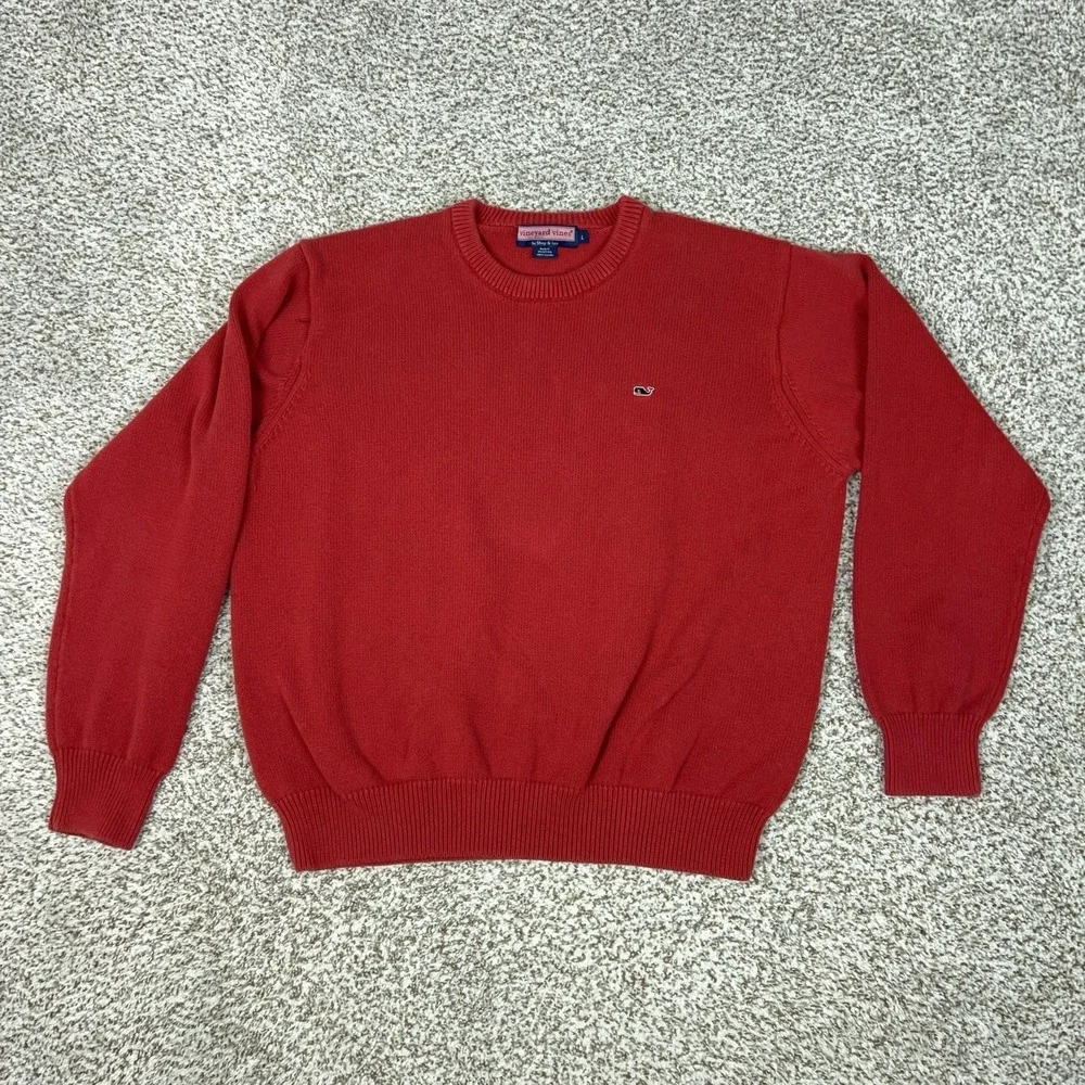 Vineyard Vines Sweater Mens Large Red Cotton Knit Crewneck Pullover Whale Logo